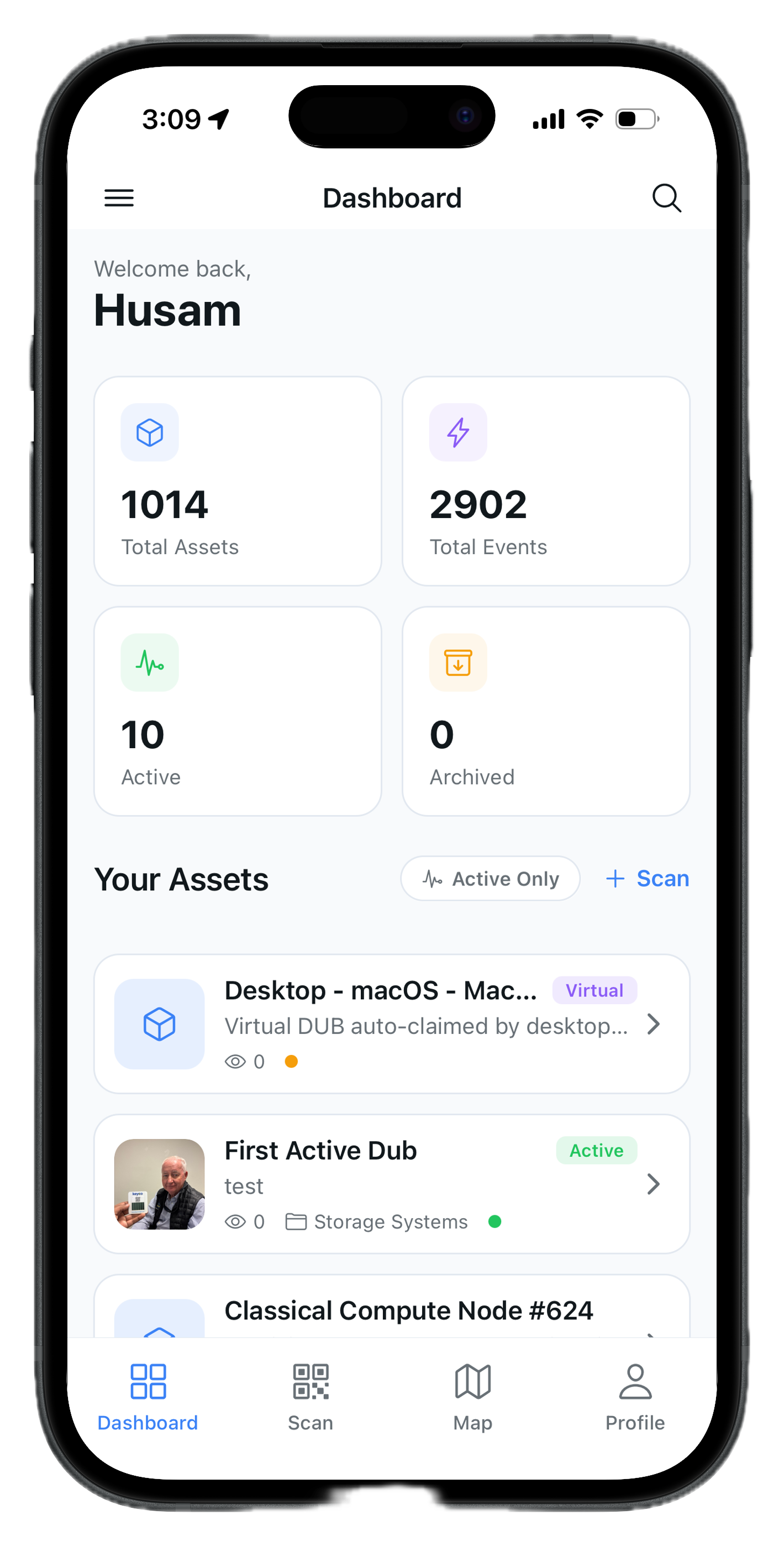 Keyco mobile asset tracking app showing dashboard with 1014 total assets and active DUB tracking